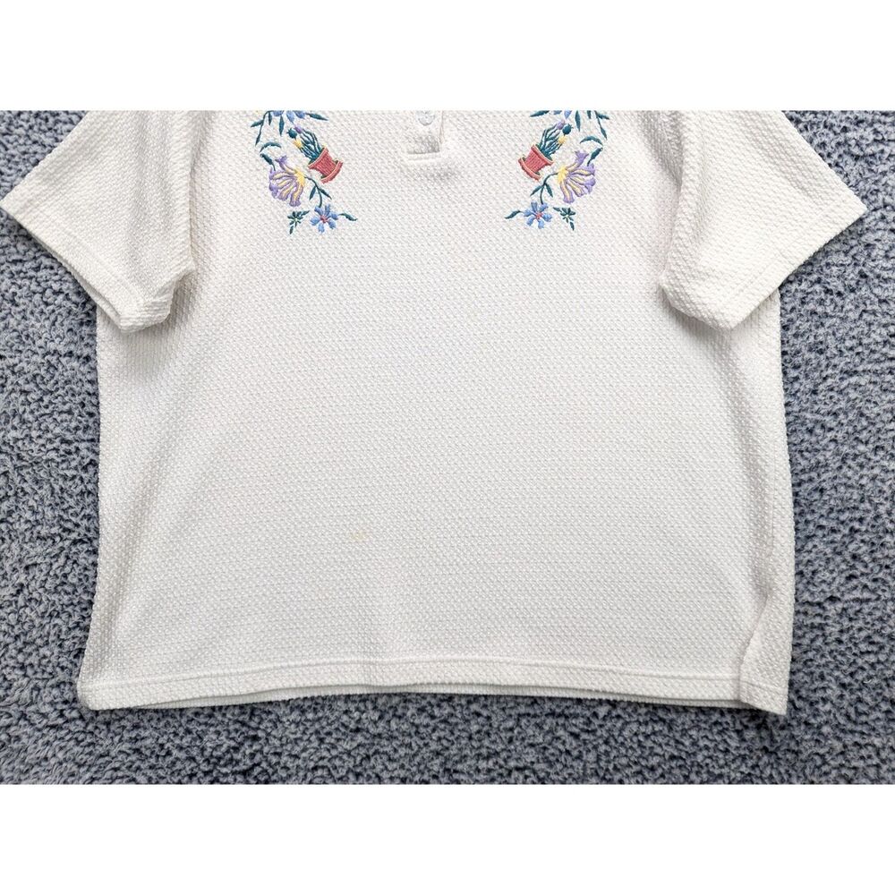 VTG Waffle Knit Floral Embroidered Top Size XL Cottage Granny Garden White - Picture 3 of 12